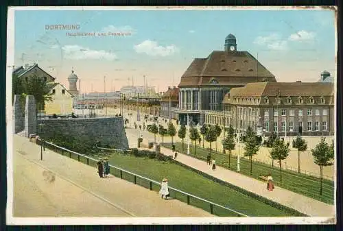 AK Dortmund im Ruhrgebiet Hauptbahnhof Vorplatz Passanten uvm. 1913 gelaufen