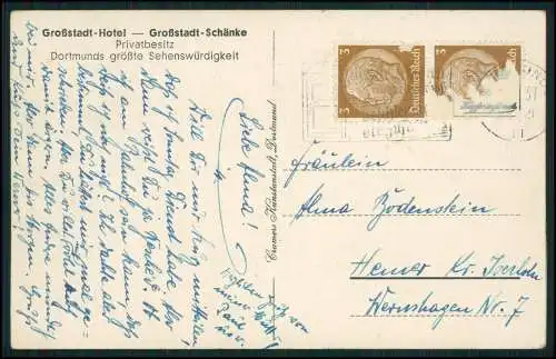 AK  Dortmund Großstadt Hotel Schänke Mittelschiff Inh. Gebr Mindermann 1937 gel.