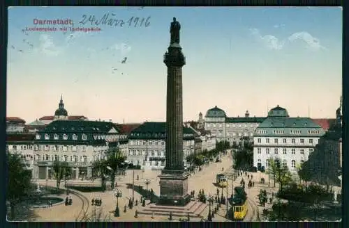 AK Darmstadt Luisenplatz Ludwigsmonument Straßenbahn 1916 Bahnpost Feldpost gel.