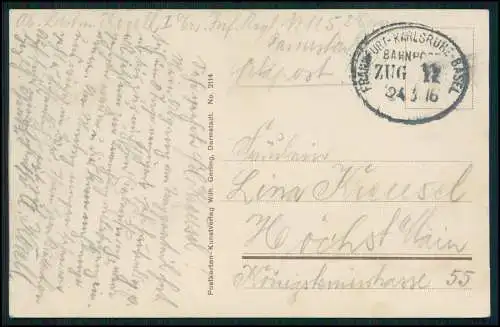 AK Darmstadt Luisenplatz Ludwigsmonument Straßenbahn 1916 Bahnpost Feldpost gel.