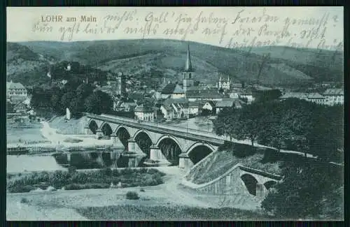 AK Lohr am Main, Mainbrücke, Blick auf den Ort 1914 gelaufen