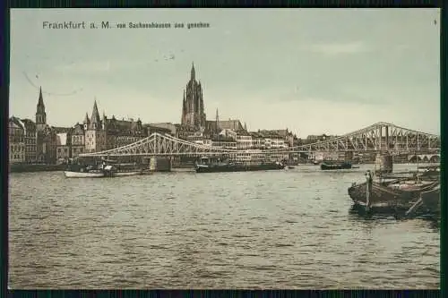 AK Frankfurt Stadt von Sachsenhausen gesehen Bartholomäus und Brücke 1914 gel.