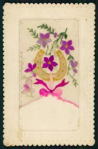 AK Seidenstick Ansichtskarte Postkarte Violette Blume Hufeisen um 1910