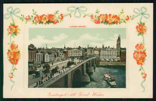 AK Präge Rosen - London Bridge Straßenbrücke über den Fluss Themse -um 1910