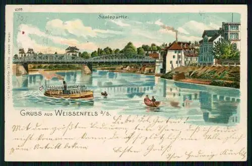 AK Litho Weißenfels Saalepartie mit Dampfschiff, Brücke 1902 gelaufen