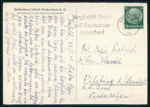 AK Sektkellerei Schloß Wachenheim A-G. Wachenheim Deutschen Weinstraße 1941 gel.