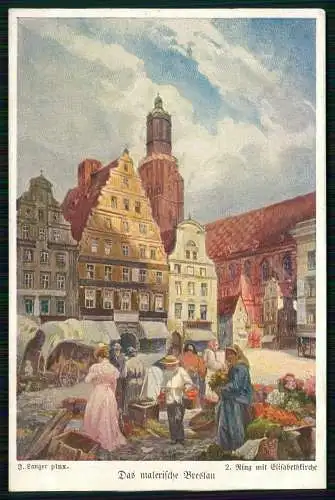 AK Künstler Langer, F. Breslau in Schlesien 2. Ring mit Elisabethkirche, Markt