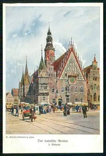 AK Künstler Günther, D. Wrocław Breslau Schlesien, Rathaus, Ring, Rynek, Ratusz