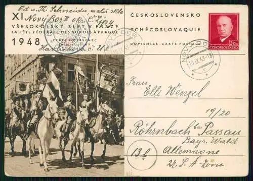 AK Ganzsache Postkarte XI. Vsesokolsky Slet v Praze, Sokolkongress 1948 gelaufen