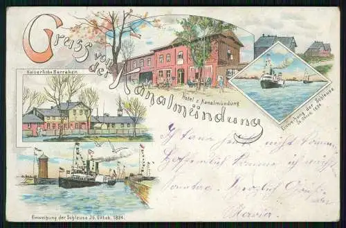 AK Litho Brunsbüttelkoog Brunsbüttel Kanalmündung Baracken Schleuse 1901 gel.