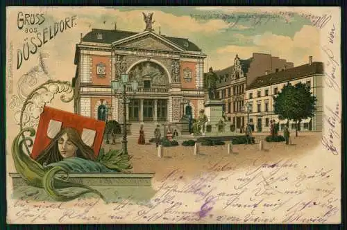 AK Lithographie Düsseldorf Bismarck-Denkmal vor der Kunsthalle 1901 gelaufen