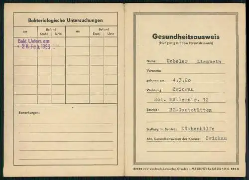 2x Foto und Gesundheitsausweis Zwickau Sachsen HO-Gaststätte Ringcafé 1953