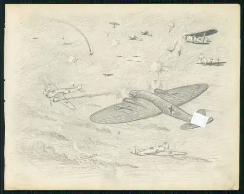 Orig. Zeichnung 16x13cm Edgar Müller Wehrmacht Zeichner Flugzeuge Gefecht Himmel