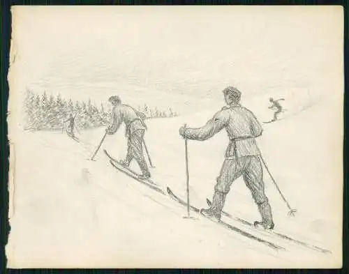 Orig. Zeichnung 16x13cm Edgar Müller Wehrmacht Zeichner Soldaten Winter mit Ski