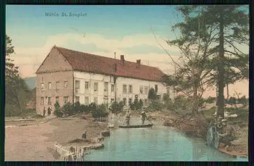 AK 1. WK St. Souplet Nord, Partie an der Mühle, deutsche Soldaten Boot 1916