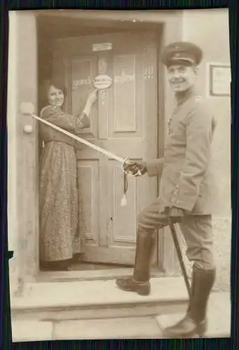 Foto 1.WK Deutsch Soldat französisch Dame vor Haustür grand matheur Tolle Mutter