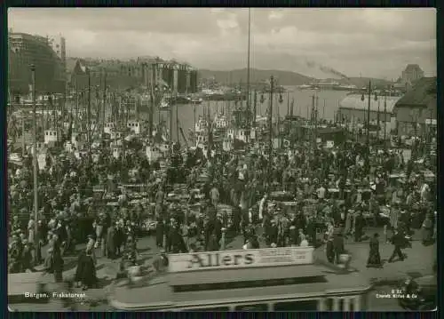 3x Foto und AK Bergen Norwegen Norge Fisketorvet Fischmarkt