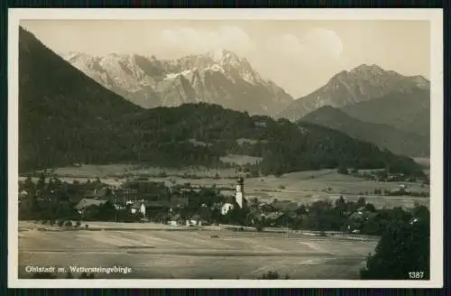 Foto AK Ohlstadt Oberbayern Panorama mit Kirche und Wettersteingebirge 1934 gel.