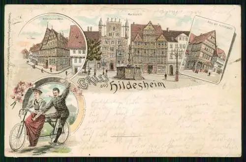 AK Litho Hildesheim Altdeutsches Haus Andreasplatz Tandem Fahrrad 1901 gelaufen