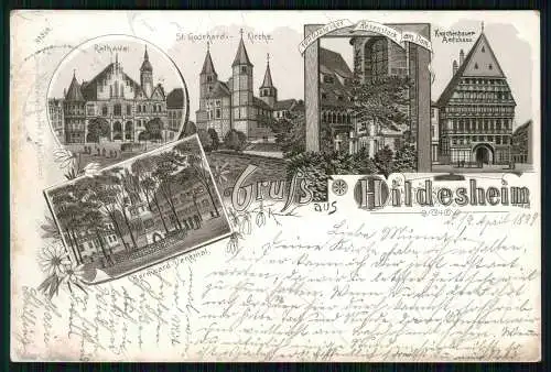 AK Litho Hildesheim St. Bernward Denkmal Rosenstock Rathaus .... 1899 gelaufen