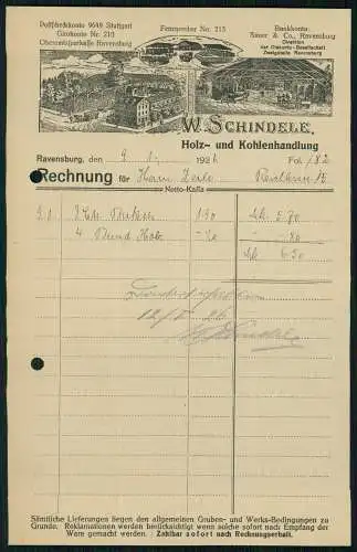 Rechnung Ravensburg 1926 Holz Kohlenhandlung Schindele Betriebsansicht Gebäude