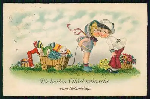 AK Glückwunsch Geburtstag Kinder Liebespaar Geschenke Katze Blumen 1936 gelaufen