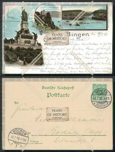 AK Litho Bingen am Rhein Nationaldenkmal Rheinstein 1898 gelaufen 