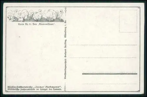 AK 1. WK Künstler Karte Arthur Thiele Karte Nr. 4 Trommelfeuer 2 Soldaten Damen