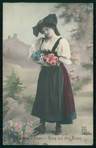 AK Elsass Alsace, Feine Dame Elsässerin in Tracht, mit Blumen 1912 gelaufen