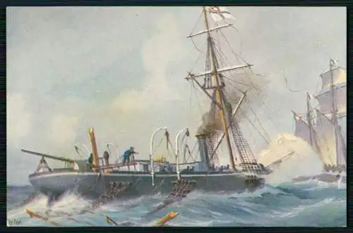 Künstler-AK Christopher Rave - Kanonenboot Meteor im Kampf mit Aviso Bouvet 1870