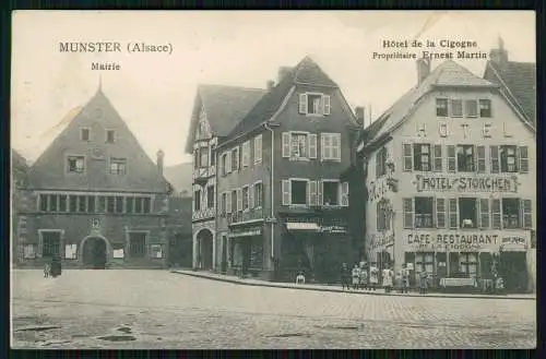 AK Münster Munster Alsace Elsaß Mairie Hôtel Cigogne Ernest Martin 1913 gelaufen