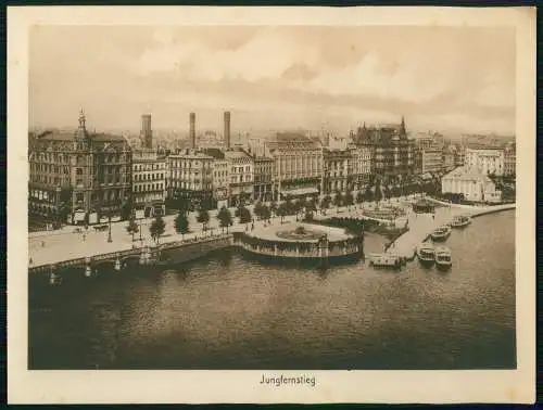 Ansicht auf Karton 23x17cm Hamburg Partie am Jungfernstieg Gebäude Boote um 1900