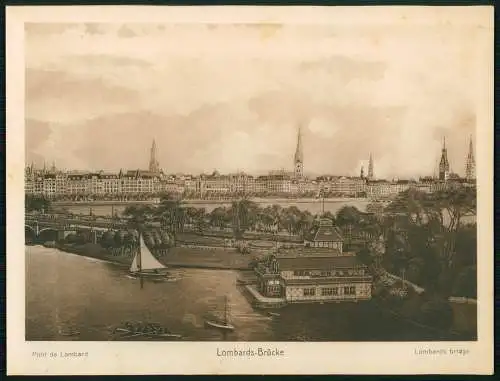 Ansicht auf Karton 23x17cm Hamburg Lombards-Brücke mit Blick zur Stadt um 1900