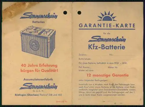 GARANTIE-KARTE für die Sonnenschein G. m. b. H. Kfz-Batterie Büdingen in Hessen