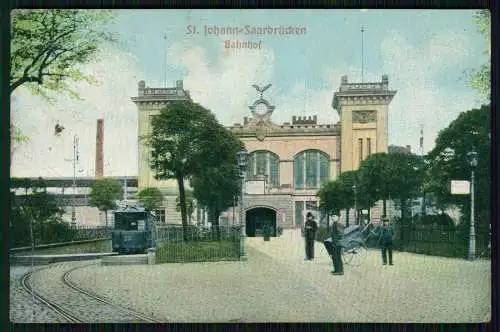 AK St. Johann-Saarbrücken Bahnhof Passanten Straßenbahn Kleinbahn 1909 gelaufen