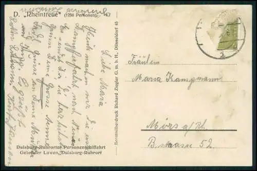 Foto AK Dampfer Rheintreue 1925 gelaufen Duisburg Ruhrort Gebrüder Luwen