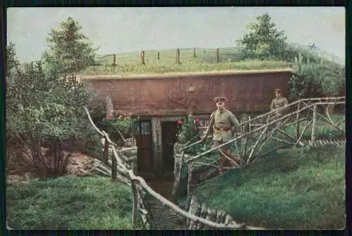 AK 1. WK Bunker Shelter Unterstand im Westen mit Drahtverhau 1918 gelaufen