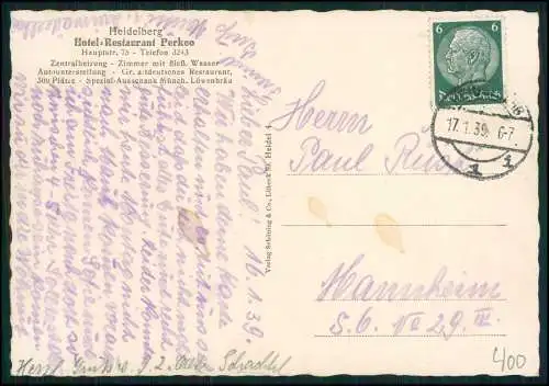 AK Heidelberg am Neckar, Hotel Restaurant zum Perkeo Innenansicht 1939 gelaufen