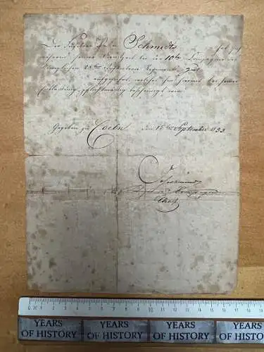 altes Dokument handschriftlich Königliches 28. Infanterie Regiment von 1833 Köln