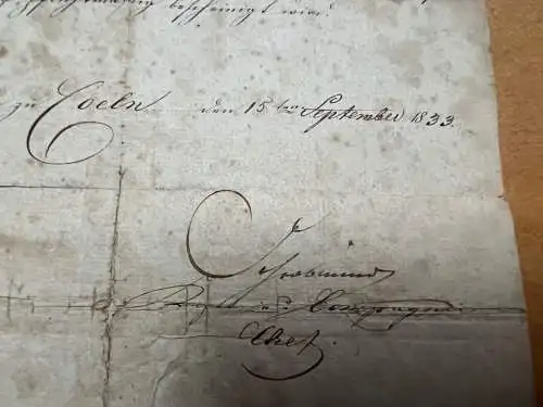 Altes Dokument handschriftlich Königliches 28. Infanterie Regiment von 1833 Köln