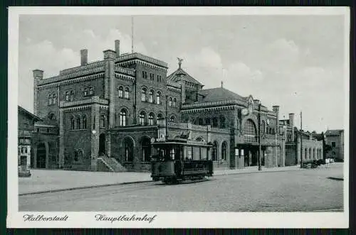 AK Halberstadt am Harz, Bahnhof, Straßenbahn 1943 Feldpost gelaufen