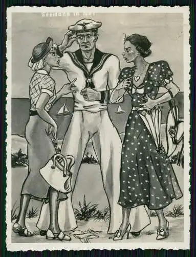 3x Foto Soldat Marine Seemann in Not - Hochzeits Nacht - Karikatur feine Damen