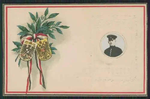 1.WK Portrait in AK montiert Schleife bindet Blumenkranz Wappen Reichsadler 1916