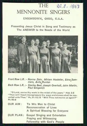 2x Karte mit Sänger THE MENNONITE SINGERS Jesus Christ Uniontown, Ohio, U.S.A.