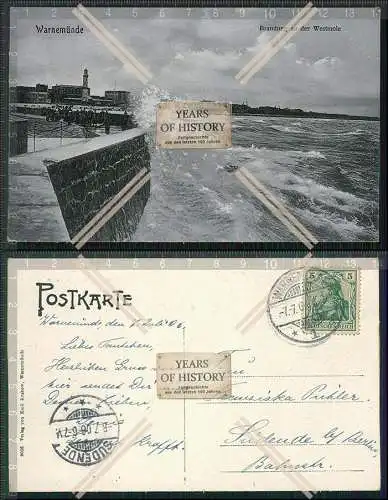 AK Warnemünde Rostock Westmole Leuchtturm Sturm Urlauber Gäste 1906 gel. 