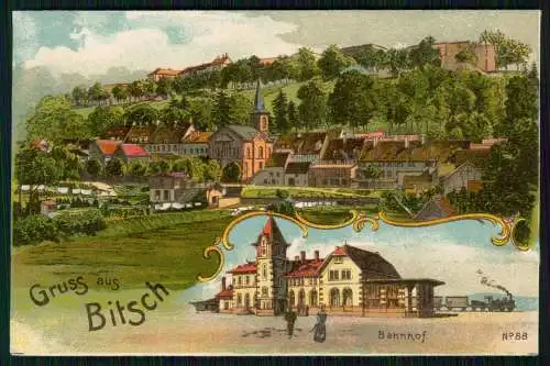 AK Litho Bitche Bitsch Lothringen Moselle La Gare Bahnhof Ort 1913 gelaufen