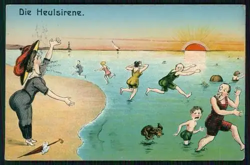 AK Scherz Die Healsirene Am Badestrand Dame verscheucht mit Gesang 1913 gelaufen