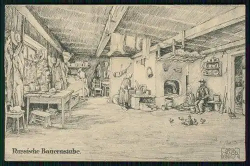 AK 1. WK A. Hänsel Russische Bauernstube Bauern Küche Hühner 1917 Feldpost gel.