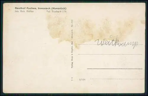 AK Gasthof Fuchss Irmenach im Hunsrück Inh. Hch. Müller Tel. Traben-Trarbach 118