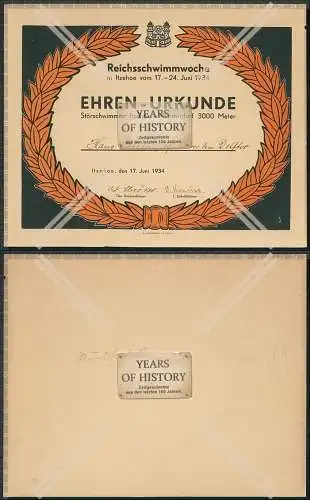 Ehren-Urkunde Störschwimmen Itzehoe 1934 Münsterdorf Steinburg 3000 m Schwimmen